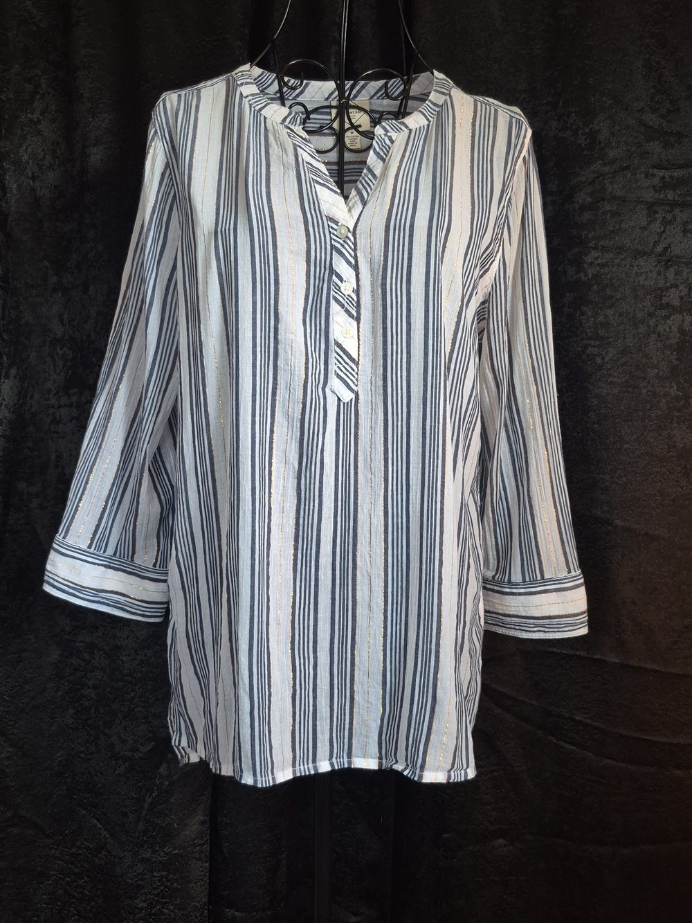 St. John's Bay Blue & White With Gold Accent Striped V-Neck Tunic